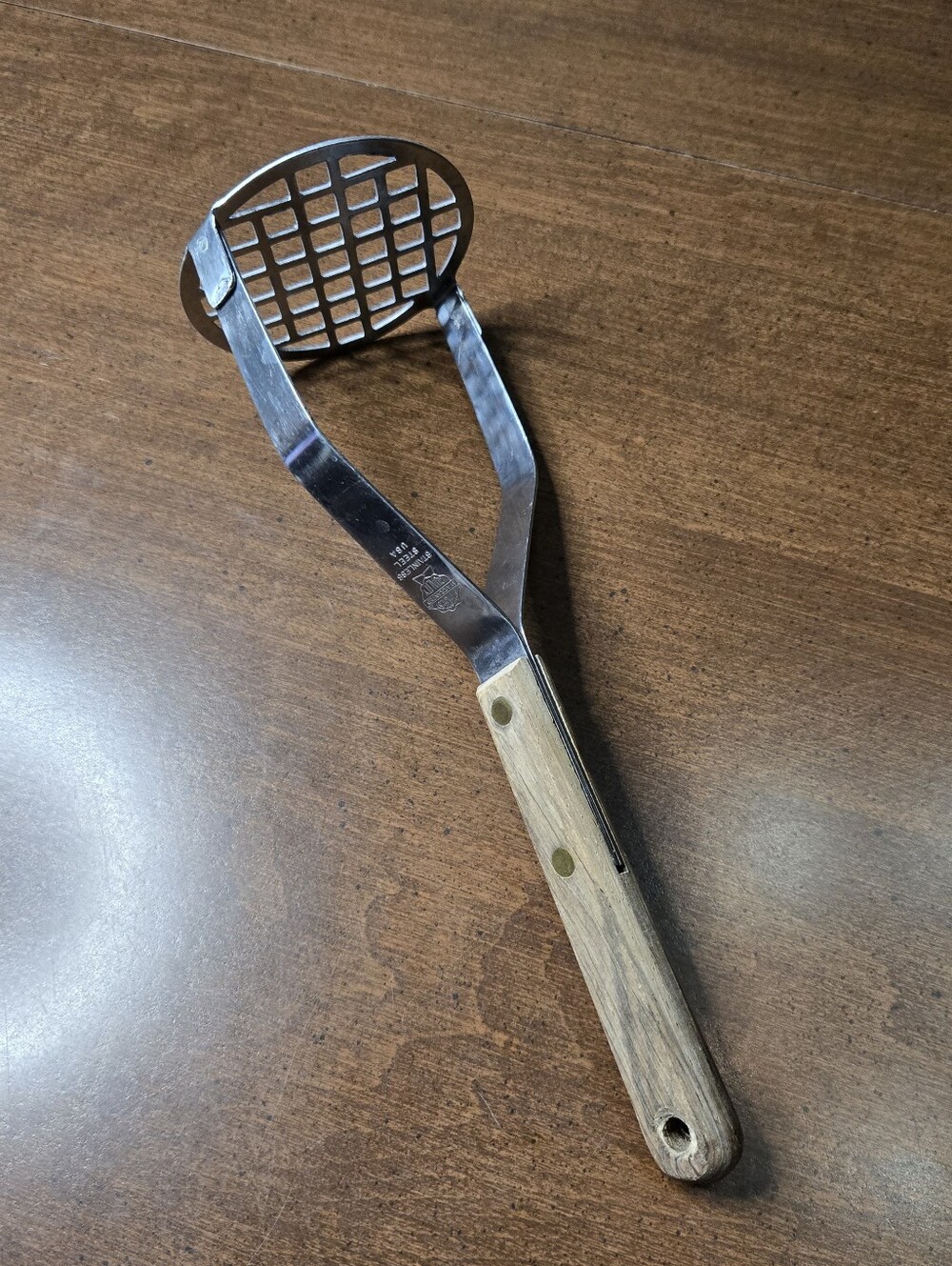 Vintage Retro MARCREST Stainless Steel Potato Masher Wood Handle Brass Rivet USA